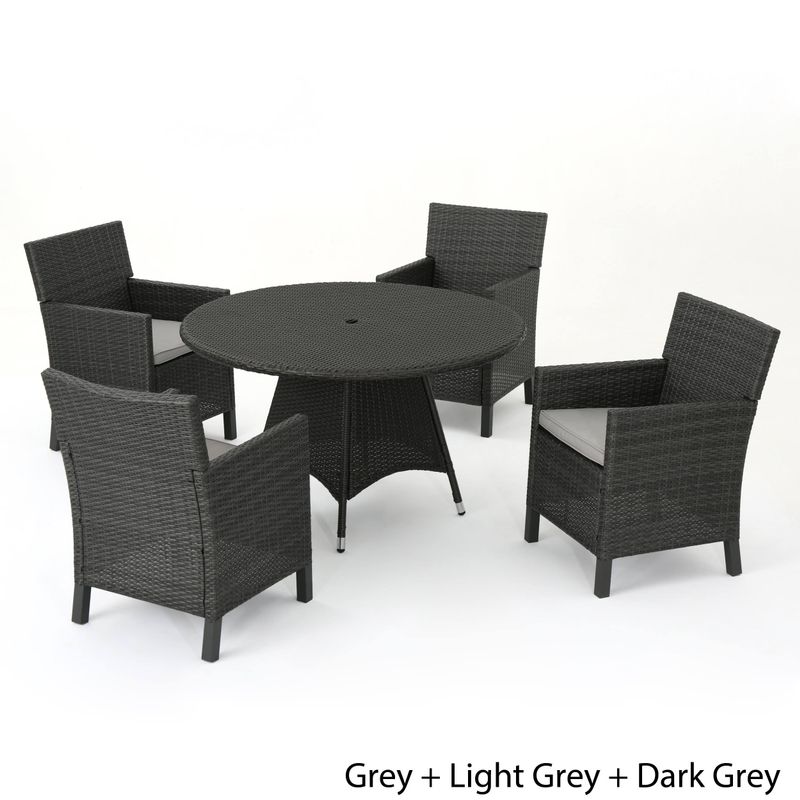Cypress Outdoor 5-piece Round Wicker Dining Set with Cushions & Umbrella Hole by Christopher Knight Home - Grey + Light Grey + Dark Grey