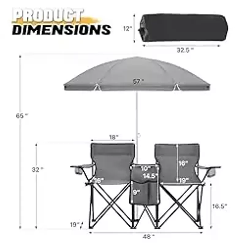MoNiBloom Folding Double Seat Camping Chair with Removable Umbrella for Beach Outdoor Fishing Hiking Patio Portable Foldable Camp Chair for Adults, with Cup Holder Cooler Bag Carry Bag (Gray)