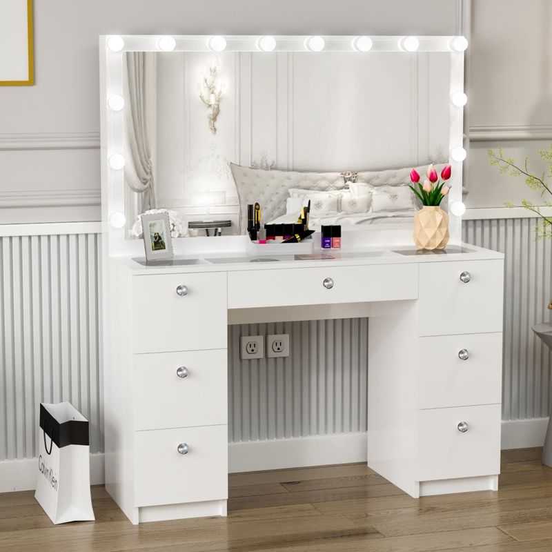 Boahaus Yara Lighted Vanity with Glass Top (White) - White-Crystal Knobs