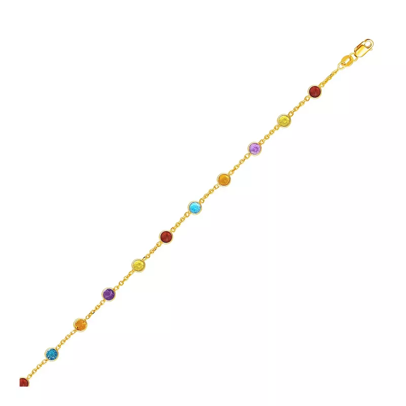 14k Yellow Gold Cable Anklet with Round Multi Tone Stations (10 Inch)