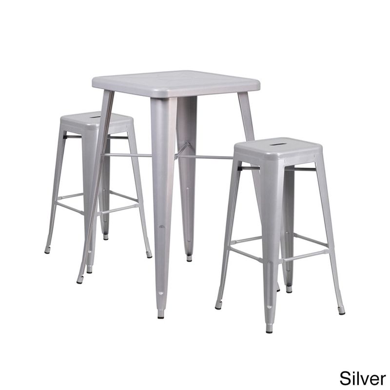 Offex Metal Indoor-Outdoor Restaurant Bar Table Set With 2 Backless Square Barstools - White