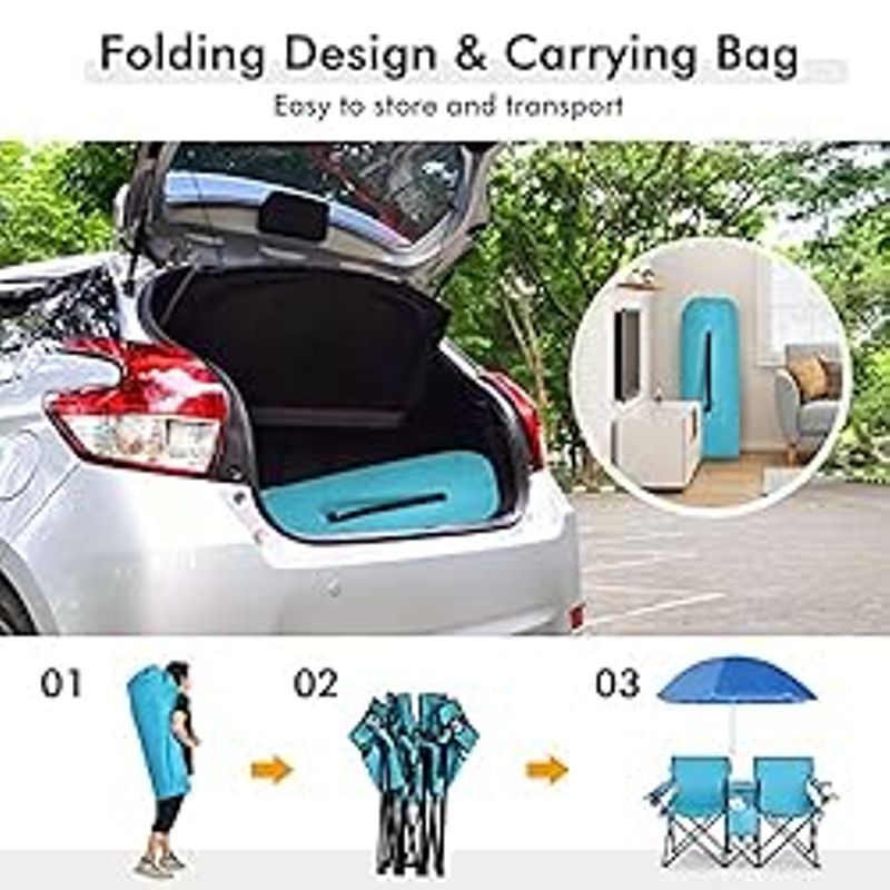 COSTWAY Double Portable Picnic, Folding w/Detachable Umbrella, Cooler Bag, Cup Holders, Patio Beach Chairs for Outdoors Camping...
