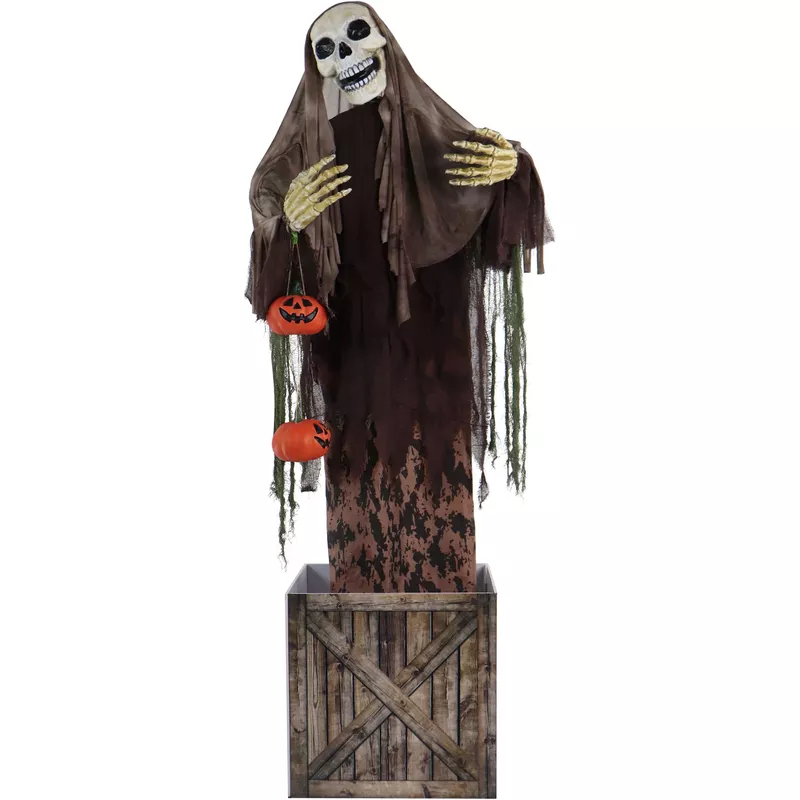 Animatronic Skeleton in a Box with Movement, Sounds, and Light-Up Eyes for Scary Halloween Decoration