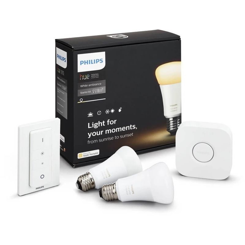 Hue White Ambiance Starter Kit(2 A19 Bulbs, Hub Bridge, and Dimmer Switch)
