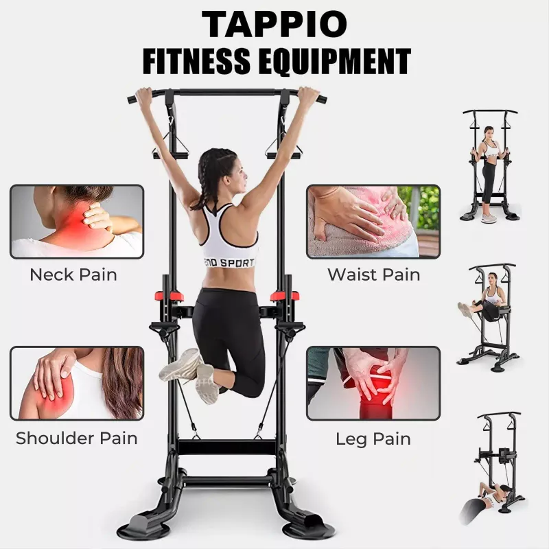 Tappio Multifunction Power Tower Pull Up Dip Station Home Gym Equipment Stable Exercise Fitness - 29"W x 35.4"D x 59-90.6"H - Red/Black