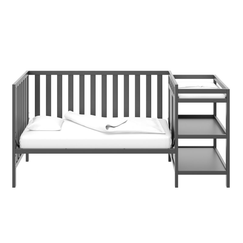 Storkcraft Pacific 4-in-1 Convertible Crib and Changer - 2 Open Shelves, Water-Resistant Vinyl Changing Pad with Safety Strap - Grey