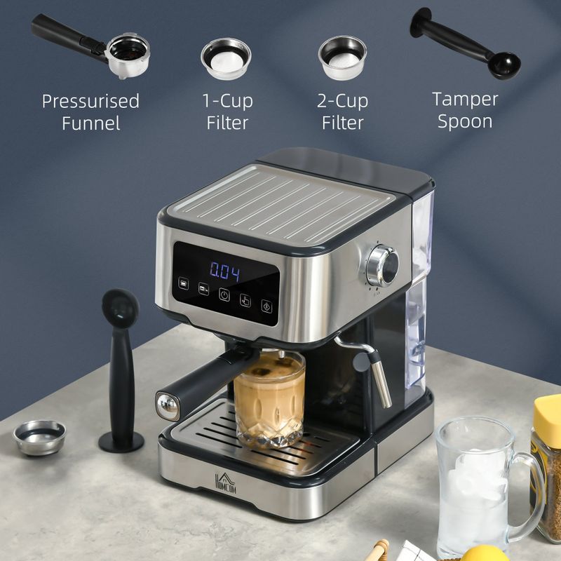 HOMCOM Espresso Machine with Milk Frother Wand, 15-Bar Pump Coffee Maker with 1.5L Removable Water Tank for Espresso - Black, Silver -...