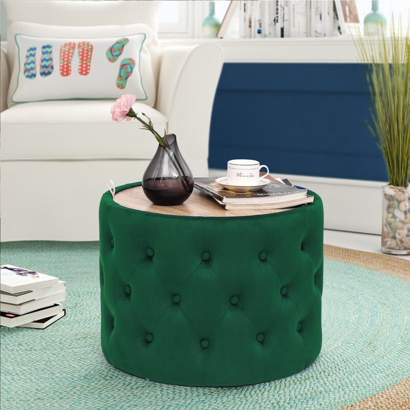 Adeco Round Storage Ottoman Coffee Table Velvet Wooden Lid Foot Stool - Blue