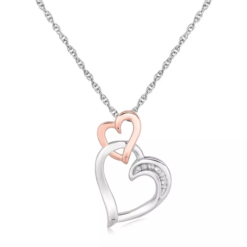 Sterling Silver Cascading Dual Heart Diamond Accented Pendant (.02 cttw) (18 Inch)