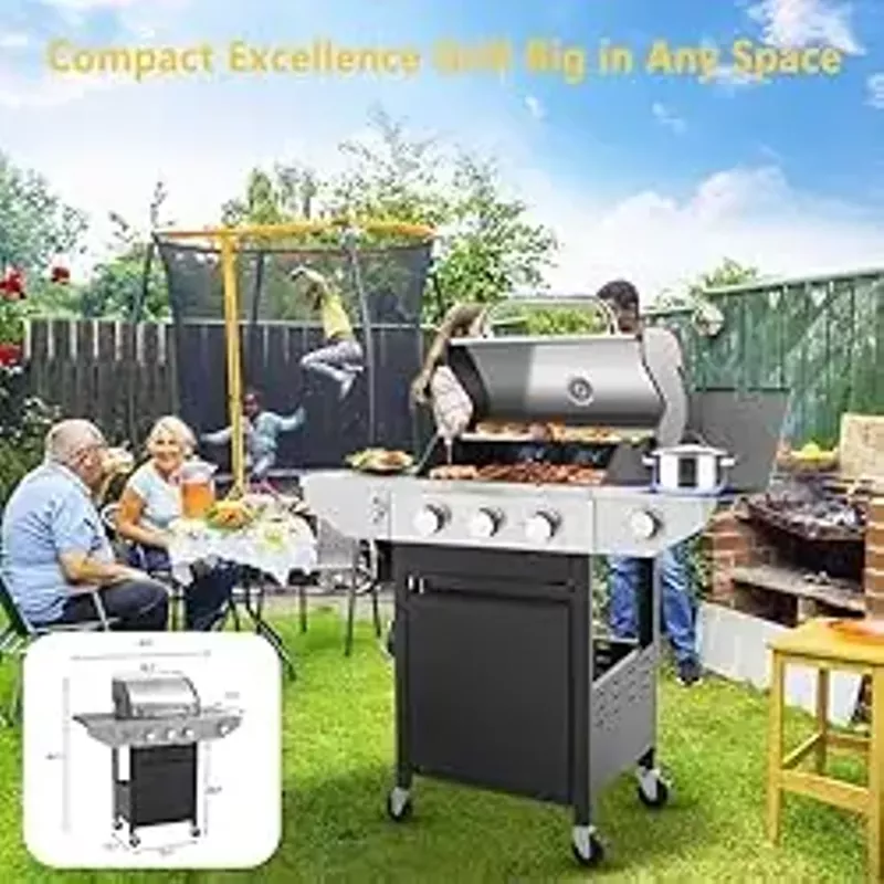 Lyromix Large BBQ Grill Propane with 3-Burners and Side Burner, Outdoor Gas Grill with Porcelain-Enameled Cast Iron Grates, Stainless Steel Camping Barbecue Griddle for Patio, Party, 37000 BTU