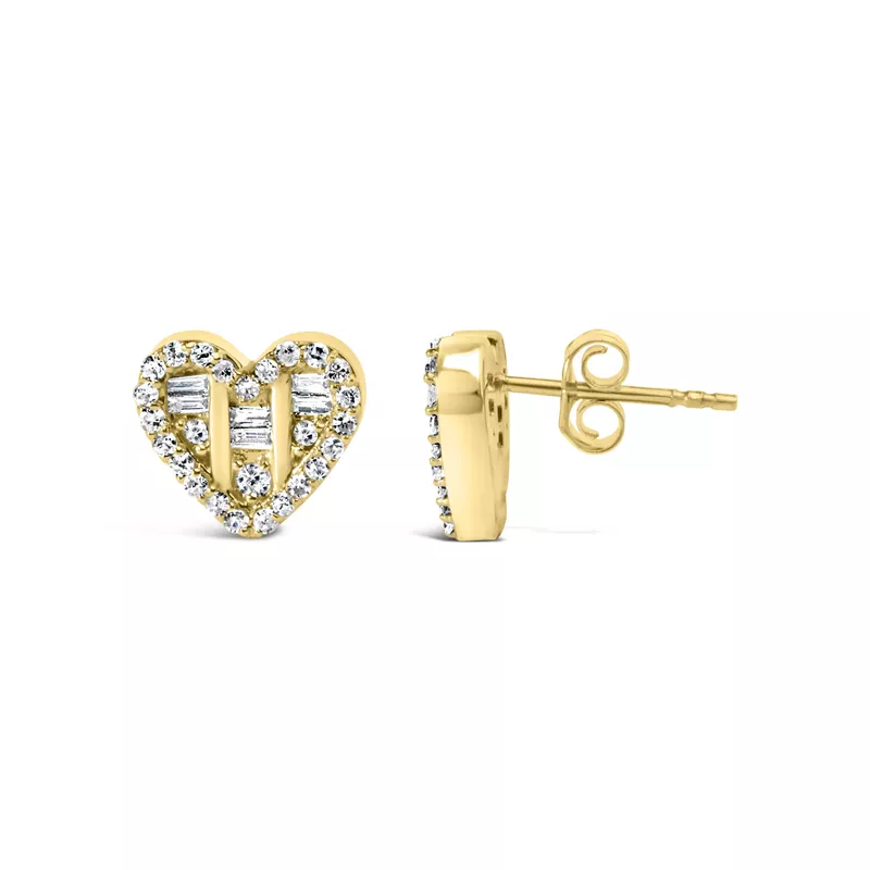 14K Yellow Gold Plated .925 Sterling Silver 1/2 Cttw Round and Baguette Diamond Composite Heart Shaped Stud Earring (I-J Color, SI2-I1 Clarity)