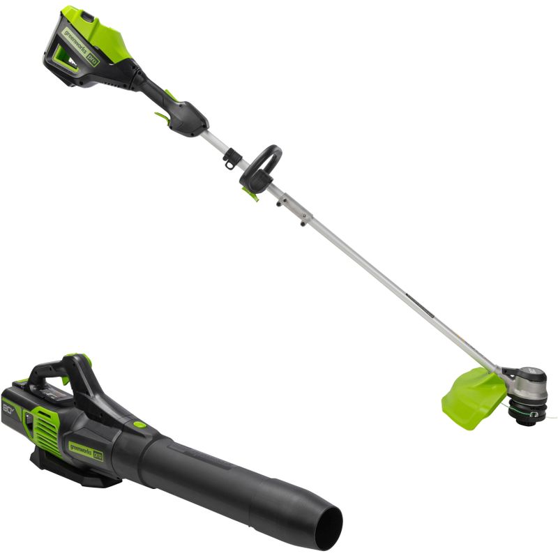 Angle Zoom. Greenworks - 80 Volt 16-Inch Cutting Diameter Straight Shaft Grass Trimmer and Axial Blower (1 x 2.0Ah Battery and 1 x Charger) 