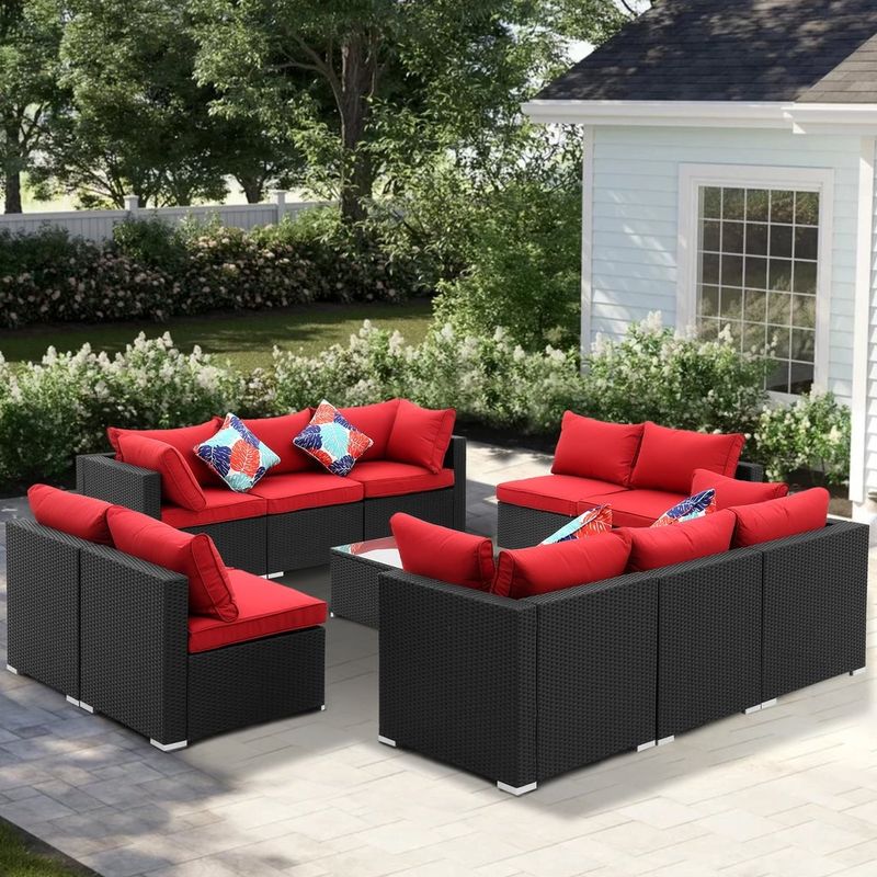Rent to own Zenova 11/12piece Wicker Sofa Outdoor Patio Rattan Sofa Sectional Set 11pcs Red