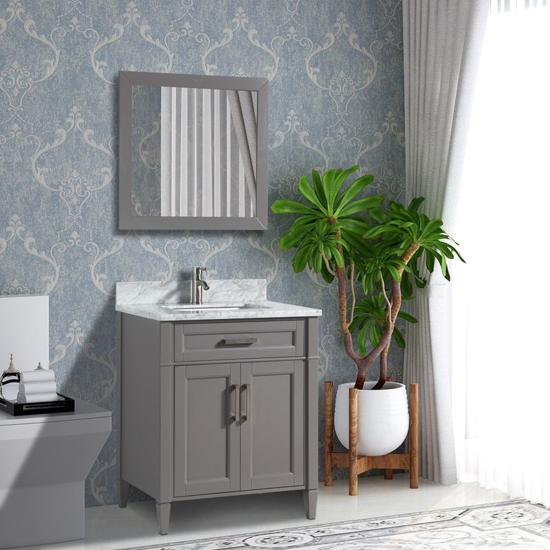Vanity Art 24-Inch Single Sink Bathroom Vanity Set Carrara Marble Stone Top 1 Drawer 1 Shelf Undermount Sink with Free Mirror - White