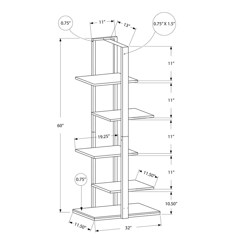 Bookshelf/ Bookcase/ Etagere/ 5 Tier/ 60"H/ Office/ Bedroom/ Metal/ Laminate/ White/ Grey/ Contemporary/ Modern