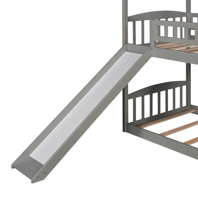 Twin Over Twin Bunk Bed with Slide, House Bed with Slide - Grey