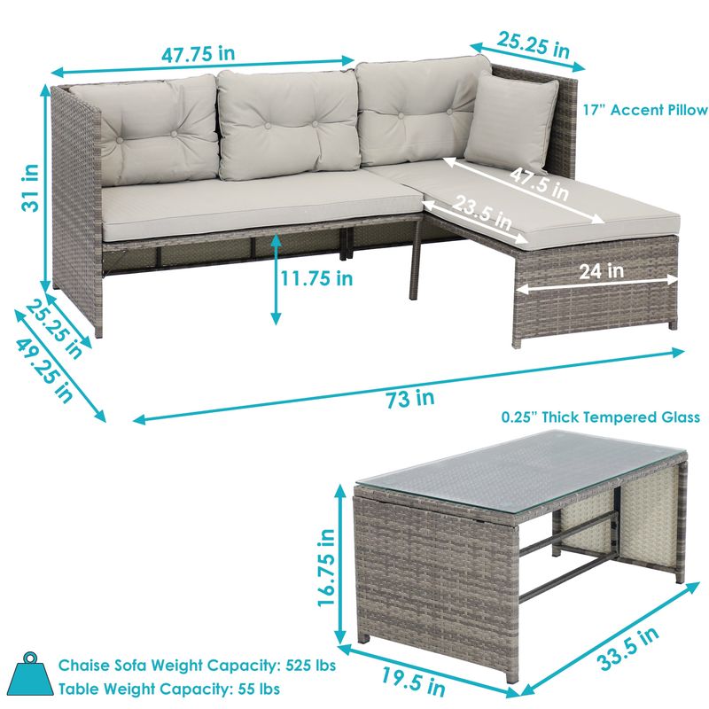 Sunnydaze Longford High-Back Rattan Chaise Sofa Patio Sectional Furniture Set - Stone Gray - Stone Gray
