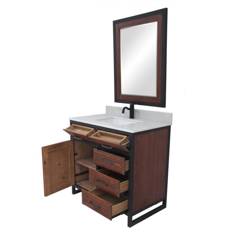 36"Rustic Solid Fir Single Sink Iron Frame Vanity in Brown-Driftwood Finish with Marble Top-No Faucet - Oval - Carrara White Marble Top