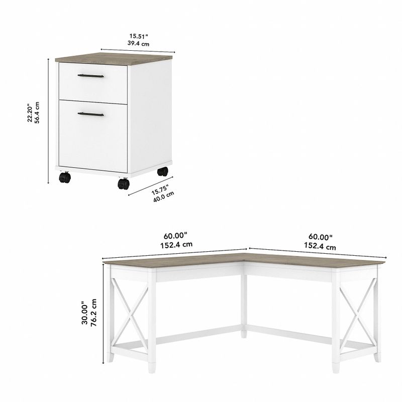 Key West 60W L Shaped Desk with Mobile File Cabinet by Bush Furniture - Shiplap Gray/Pure White