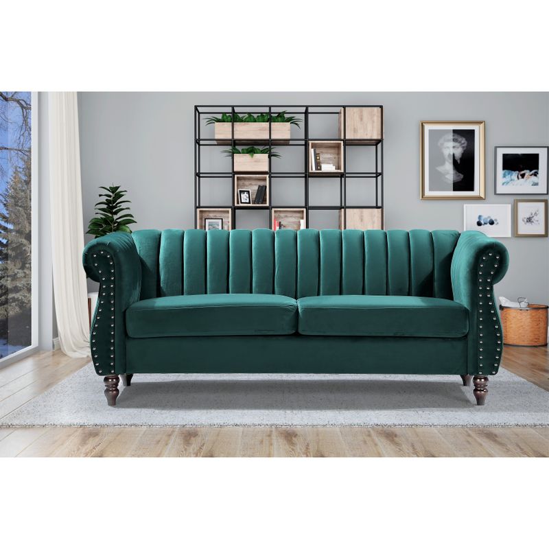 Charlot Velvet Chesterfield Rolled Arm 2-Piece Living Room Set - Green