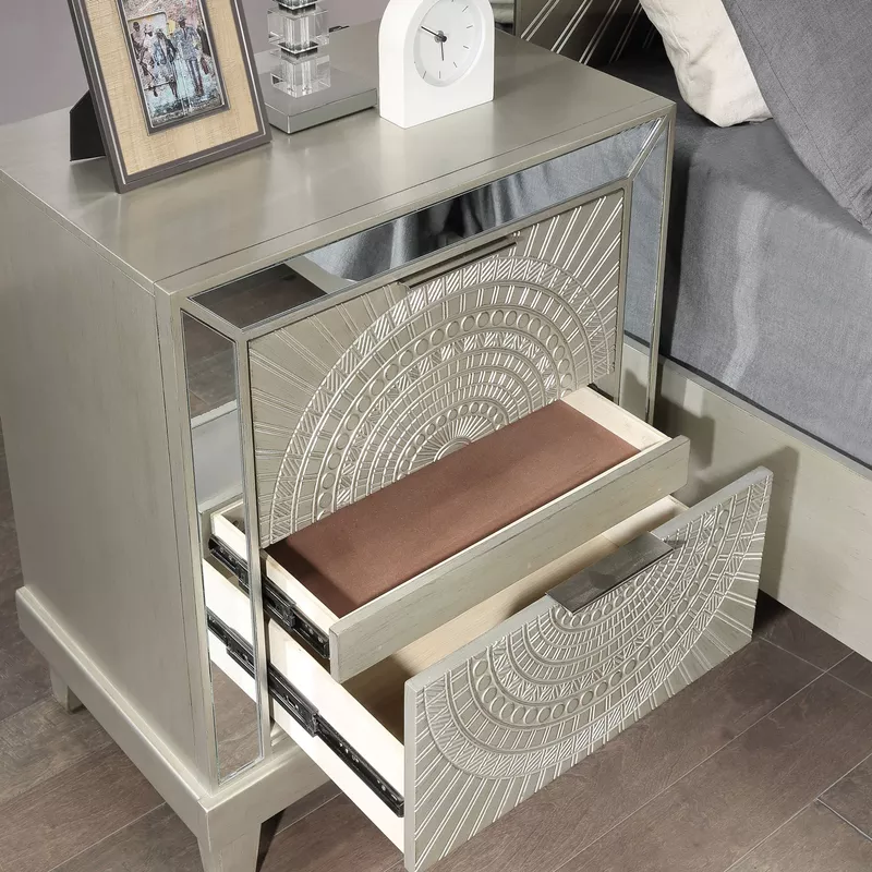 Glam Wood 2-Drawer Nightstand with USB Charger in Champagne