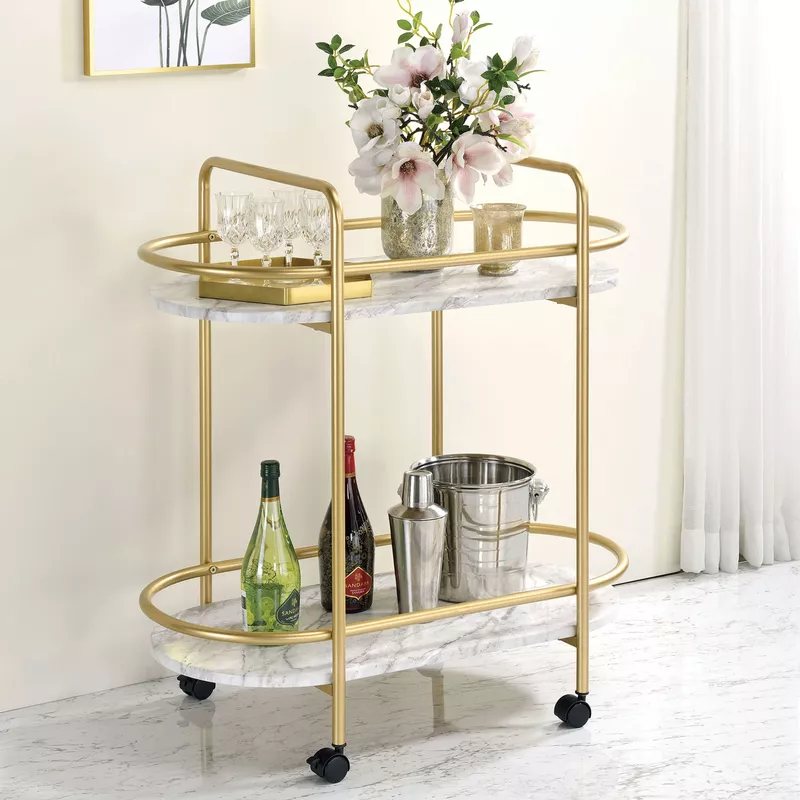 Contemporary Modern Metal 2-Shelf Serving Cart in Gold/White