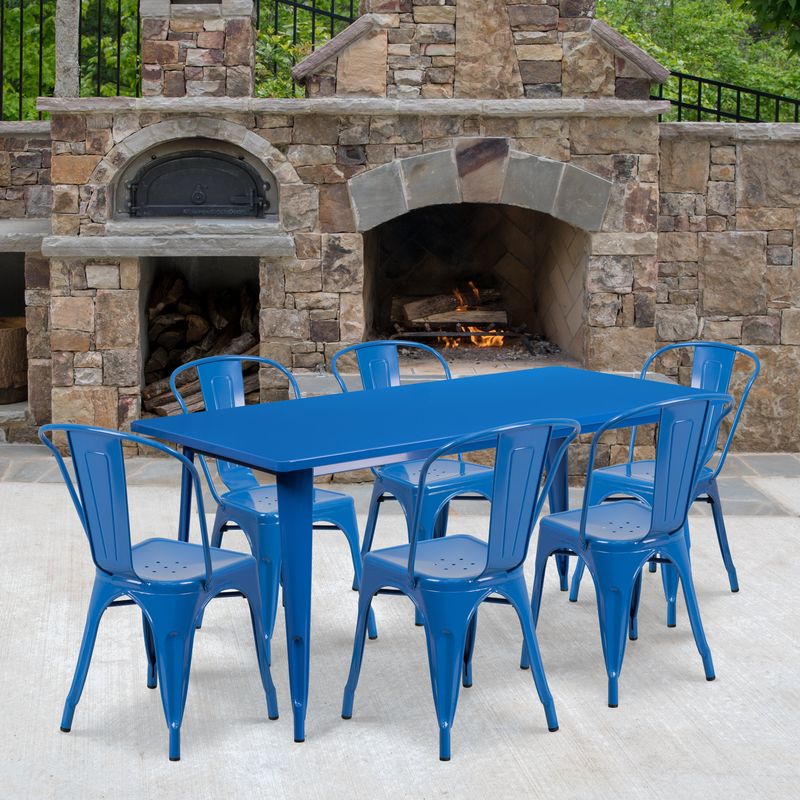 31.5" x 63" Rectangular Metal Indoor-Outdoor Table Set with 6 Stack Chairs - Blue