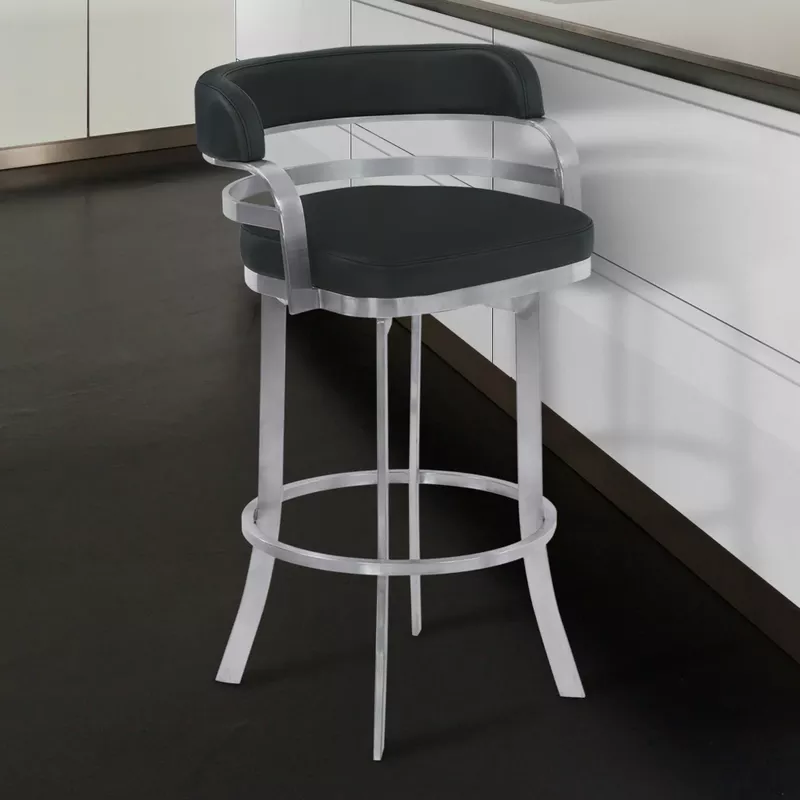 Prinz 26" Counter Height Swivel Black Faux Leather and Brushed Stainless Steel Bar Stool
