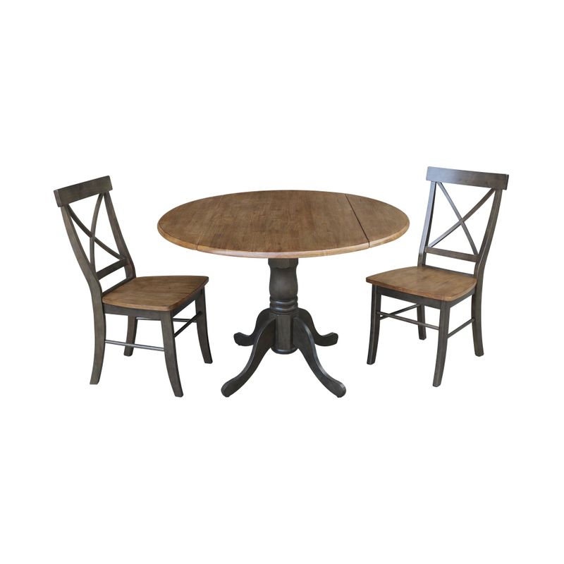 42" Dual Drop Leaf Table With 2 X-Back Chairs - 3 Piece Set - Hickory/Washed Coal