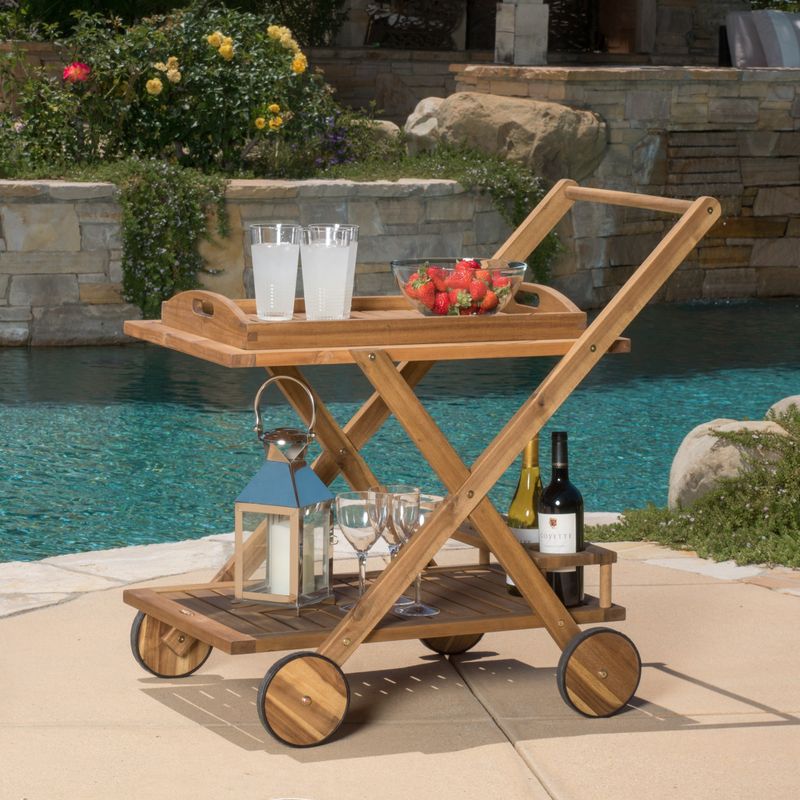 Riviera Outdoor Acacia Wood Bar Cart with Tray by Christopher Knight Home - Natural