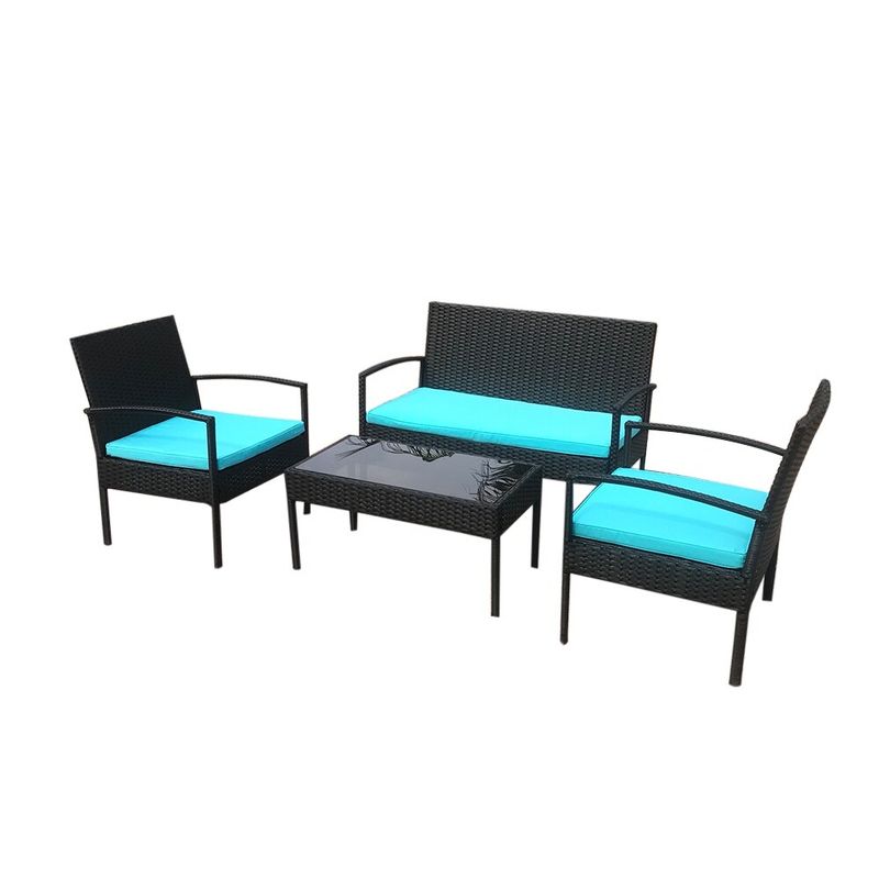 4 PCS Patio Rattan Conversation Chair Set and Rattan Table - Blue