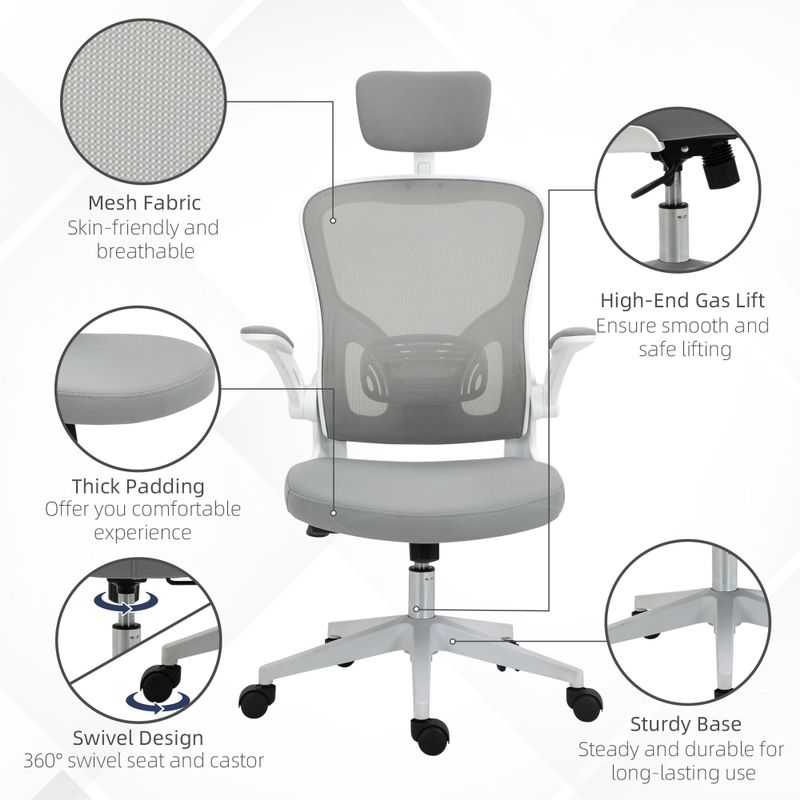 Vinsetto High Back Mesh Chair, Home Office Task Computer Chair with Adjustable Height, Lumbar Back Support, Headrest, and Arms - Grey