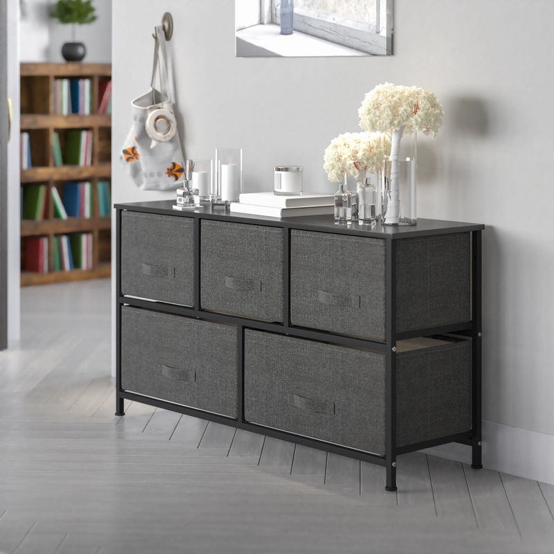 5 Drawer Storage Chest with Wood Top & Dark Fabric Pull Drawers - Black/Gray
