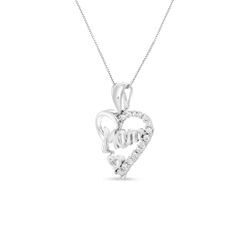 .925 Sterling Silver 1/4 Cttw Round Diamond "Mom" Openwork Heart Pendant 18" Necklace (I-J Color, I2-I3 Clarity)