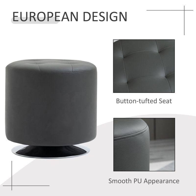 HOMCOM 360° Swivel Foot Stool Round PU Ottoman with Thick Sponge Padding and Solid Steel Base - Grey