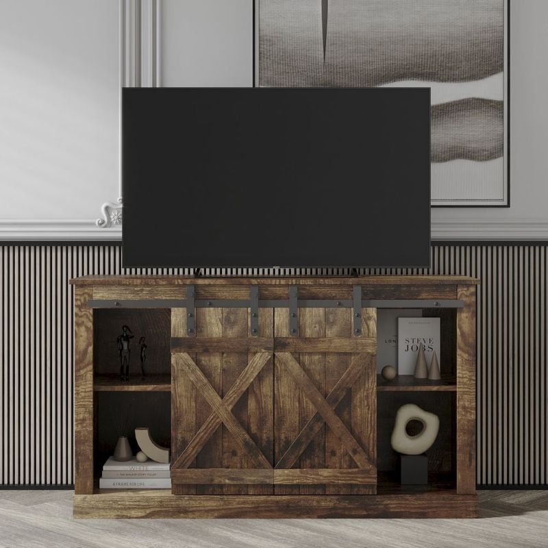 Farmhouse Sliding Barn Door TV Stand for TV up to 65 Inch Flat Screen Media Console Table Storage Cabinet - Brown