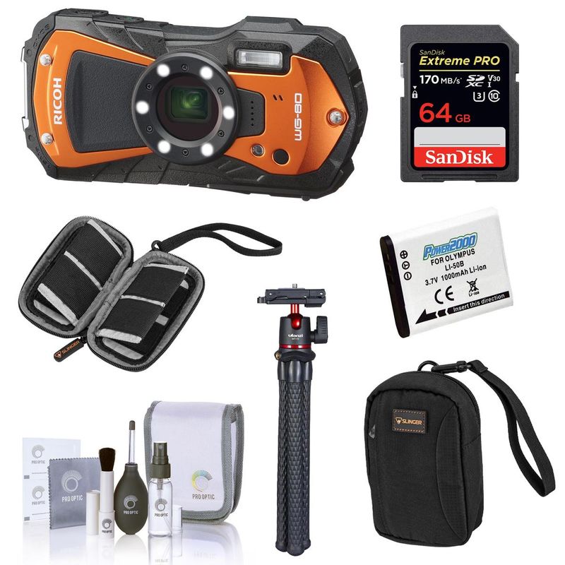 Ricoh WG-80 Waterproof Digital Camera, Orange Bundle with 64GB SD Memory Card, Extra Battery, Mini Tripod, Camera Case, SD Card Case,...