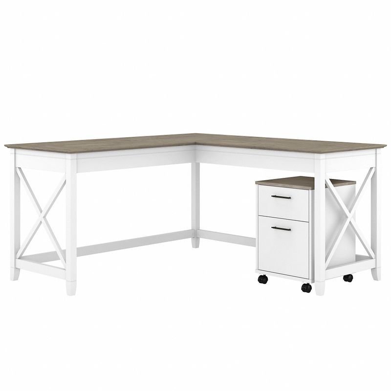 Key West 60W L Shaped Desk with Mobile File Cabinet by Bush Furniture - Shiplap Gray/Pure White