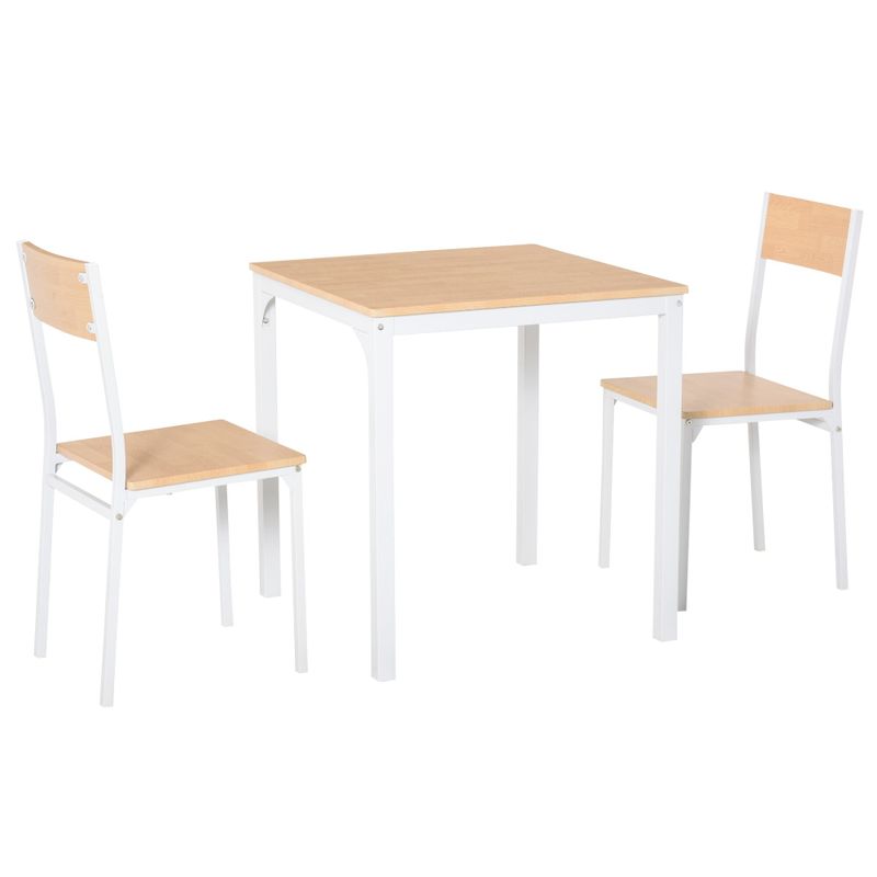 HOMCOM 3-Piece Wooden Square Dining Table Set with 1 Table and 2 Chairs and Sturdy Metal Frame, White - 27.5"x27.5"x29.5" - White