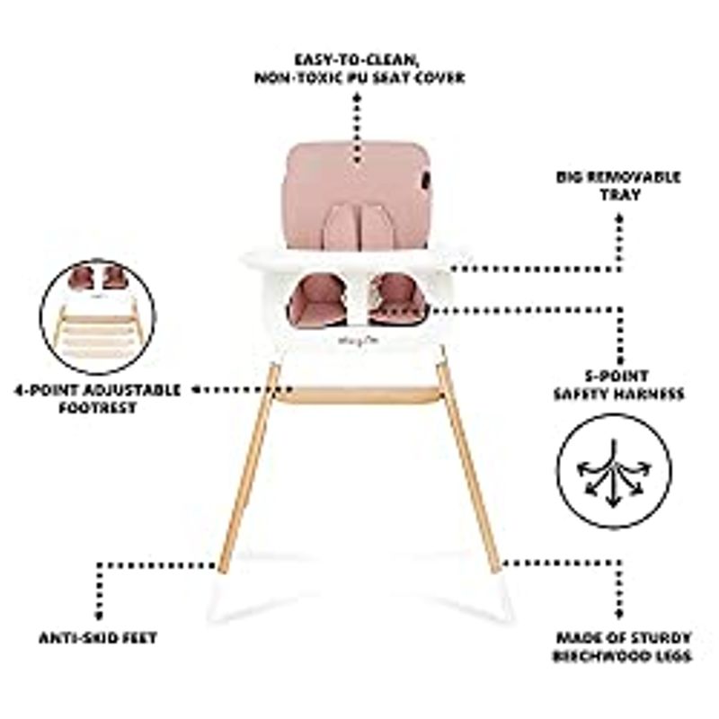 Dream On Me Nibble Wooden Compact High Chair in Pink| Light Weight | Portable |Removable seat Cover I Adjustable Tray I Baby and Toddler