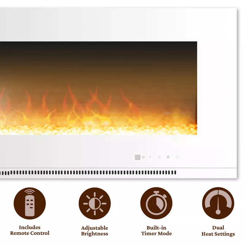 Metropolitan 56-In. Wall-Mount Electric Fireplace in White with Crystal Rock Display