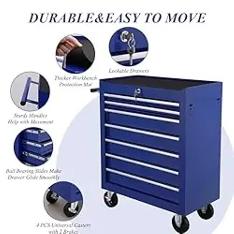 Tool Cart With Drawers,7 Drawers Locking Rolling Tool Chest with Wheels,Mechanic Tool Cabinets for Garage,Large Blue Tool Box for Warehouse,Repair Shop