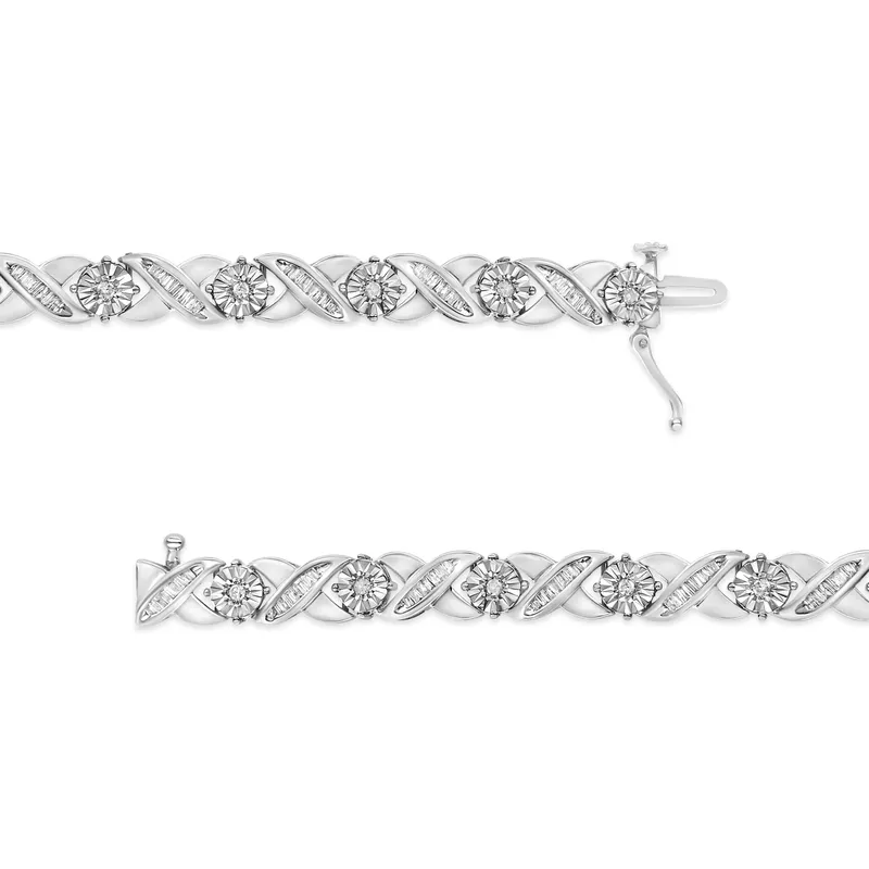Sterling-Silver 1ct TDW Round and Baguette Diamond X-Link Tennis Bracelet (I-J, I2-I3)
