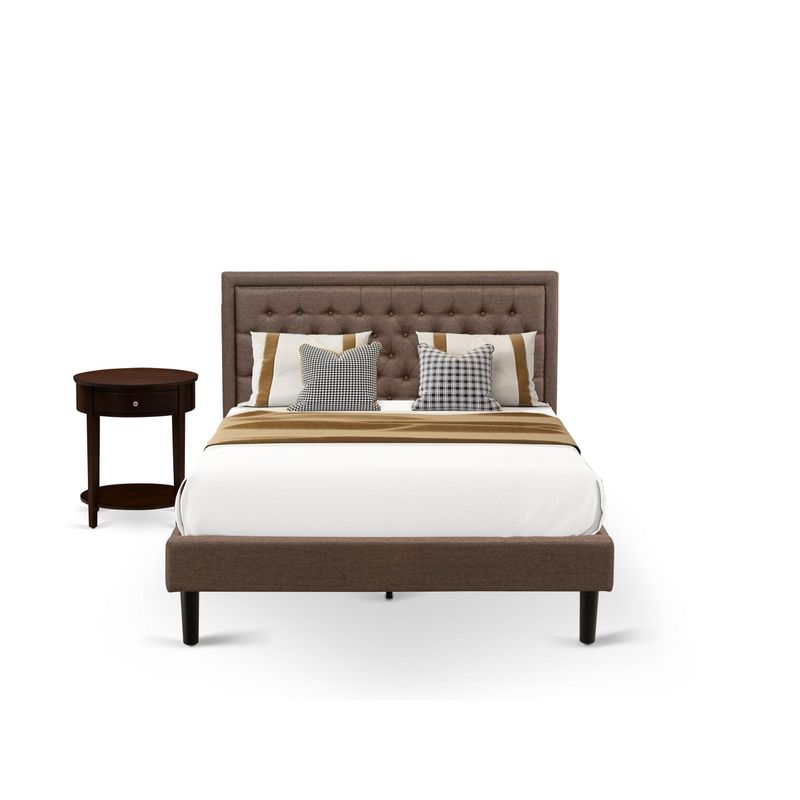 2 Piece Bed Set -Bed with Brown Linen Fabric Button Tufted Headboard - 1 Night Stand (Bed Size Options) - KD18Q-1HI0M