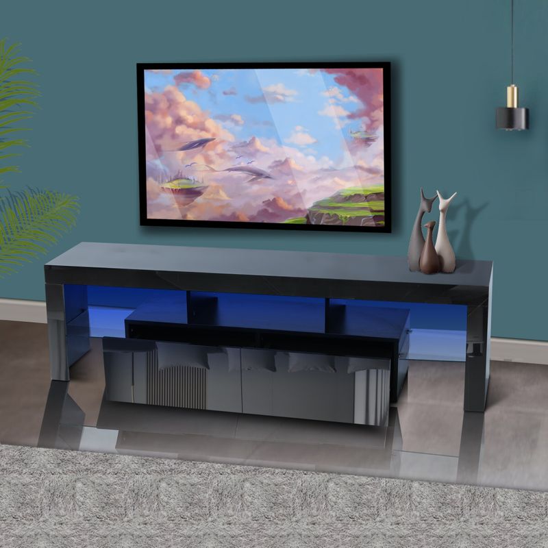 Morden TV Stand with LED Lights,High Glossy Front TV Cabinet - Black