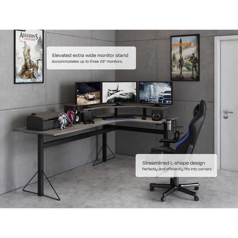 Jamesdar Core Powered L-shaped Computer Gaming Desk with Monitor Stand - Grey/Black
