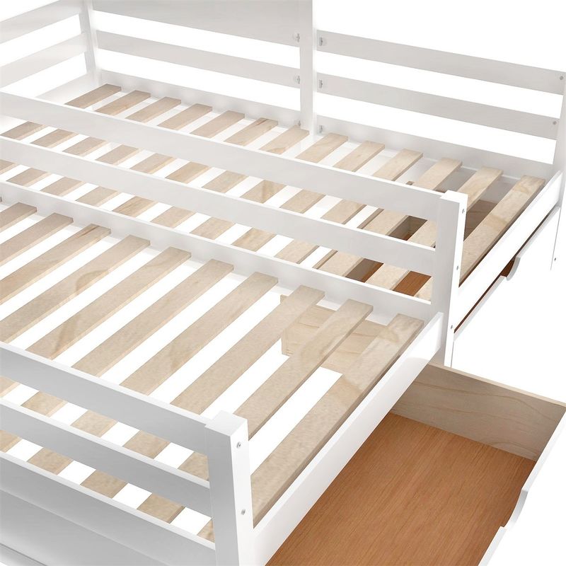Merax 2 Shared Beds Twin Size House Platform Beds with Two Drawers - White