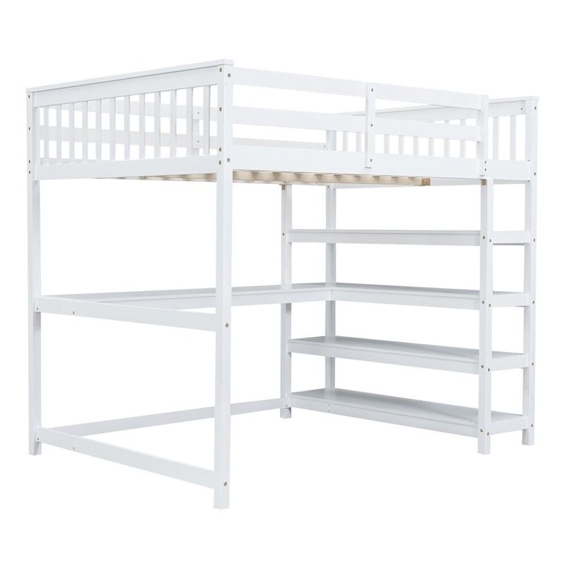 Merax Loft Bed with Storage Shelves and Under-bed Desk - White - Full