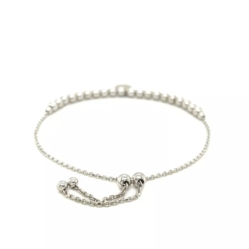 Adjustable Bead Bracelet with Round Charm and Cubic Zirconias in Sterling Silver (9.25 Inch)