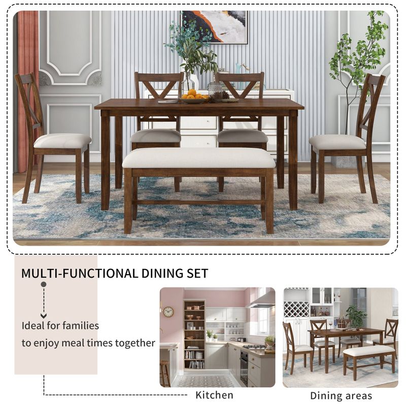 Nestfair 6-Piece Dining Table Set with 4 Fabric Chairs and Bench - Grey